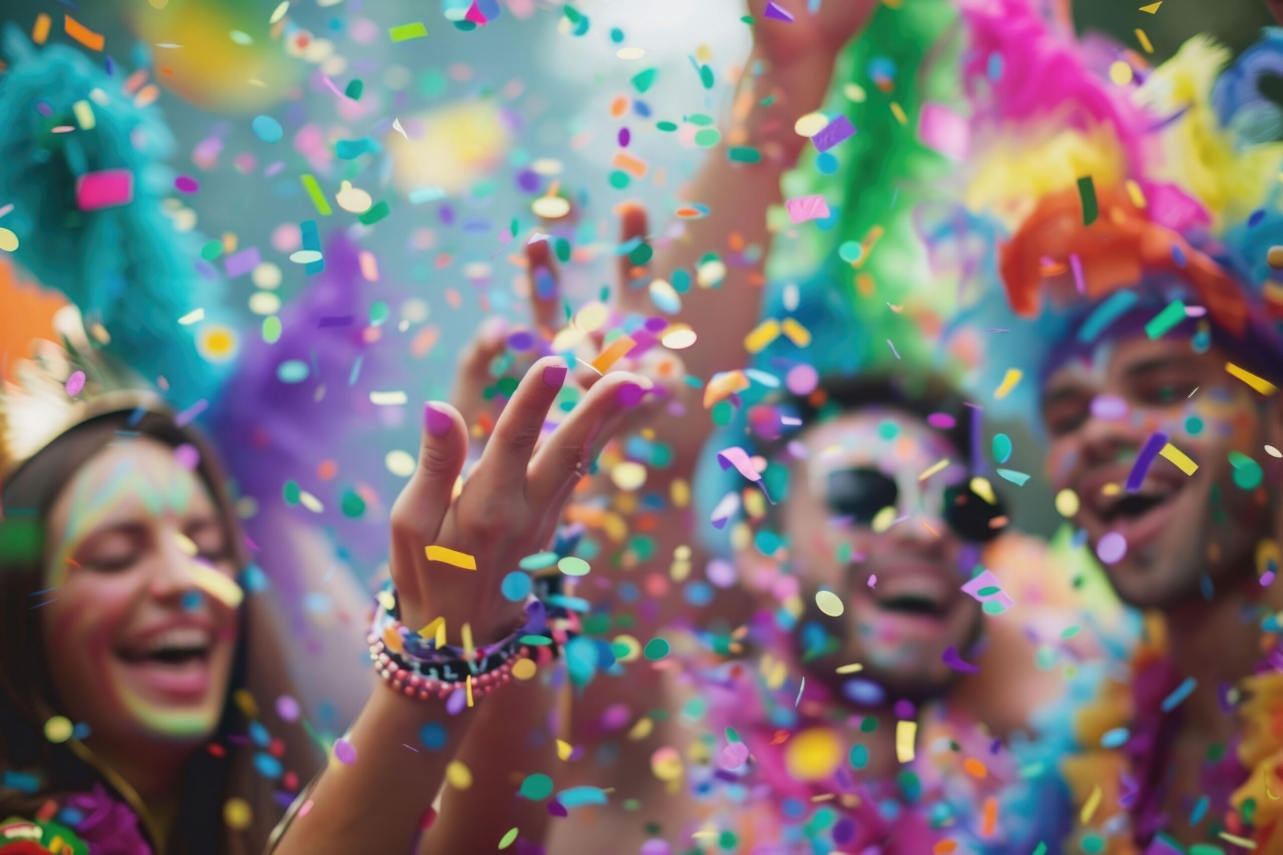 Youthful friends celebrate at carnival  throwing confetti.