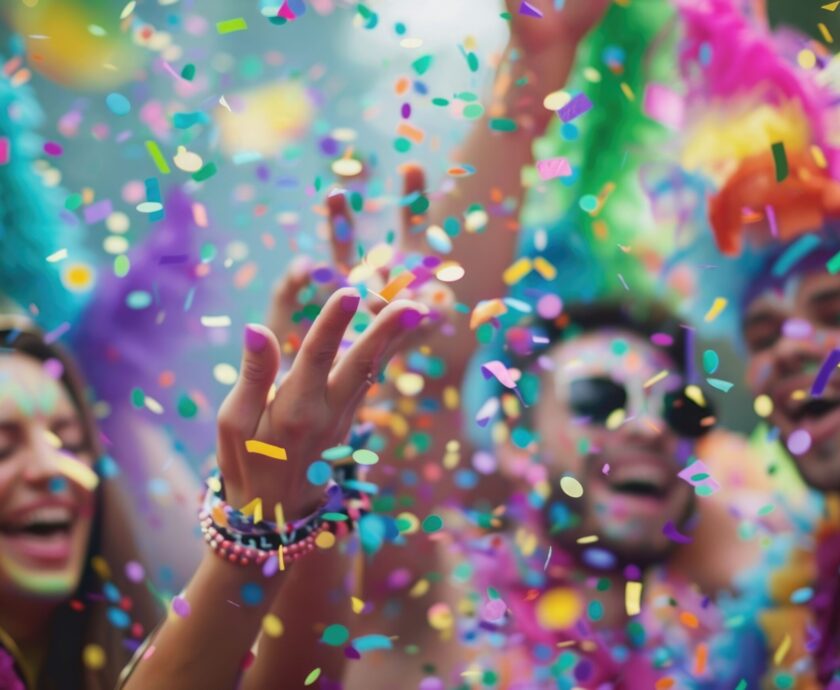 Youthful friends celebrate at carnival  throwing confetti.