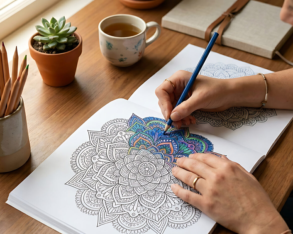Woman coloring a mandala in an adult coloring book with colored