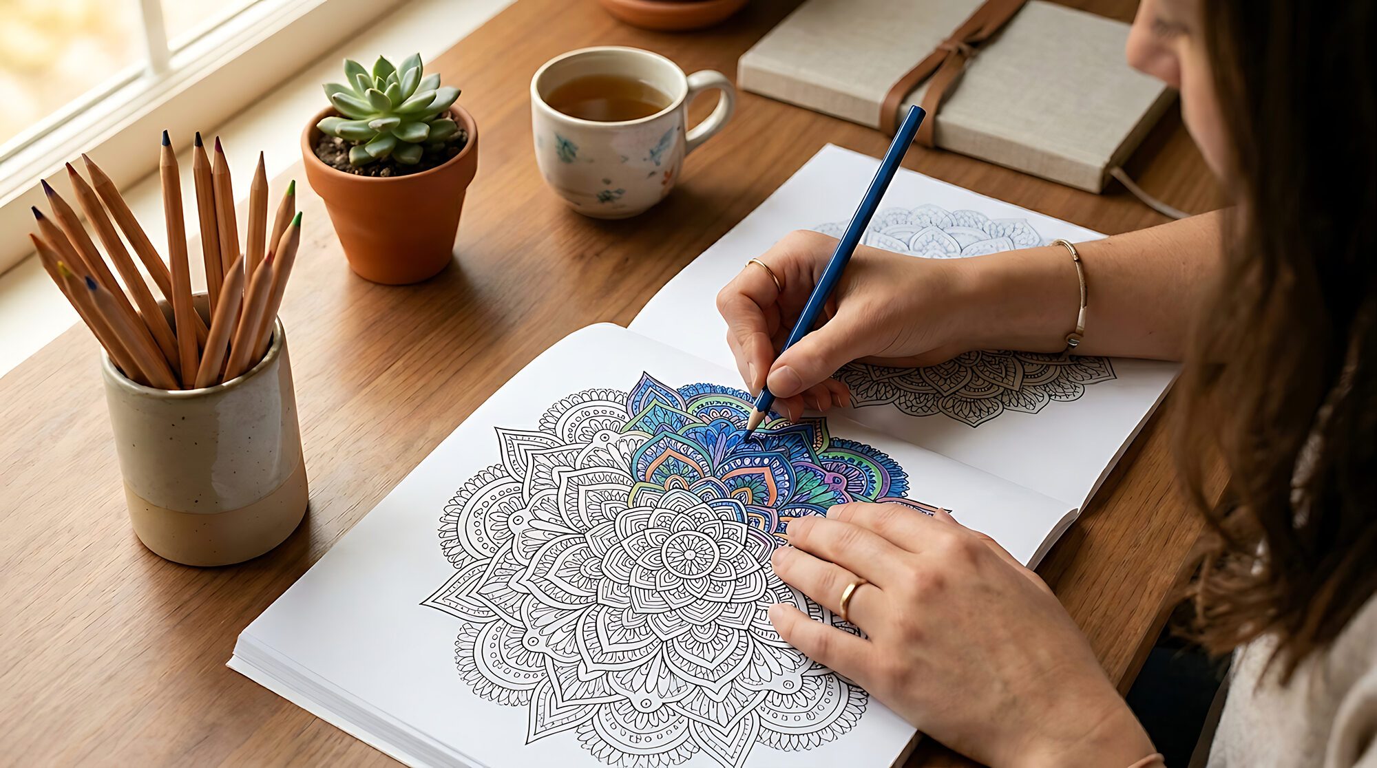 Woman coloring a mandala in an adult coloring book with colored