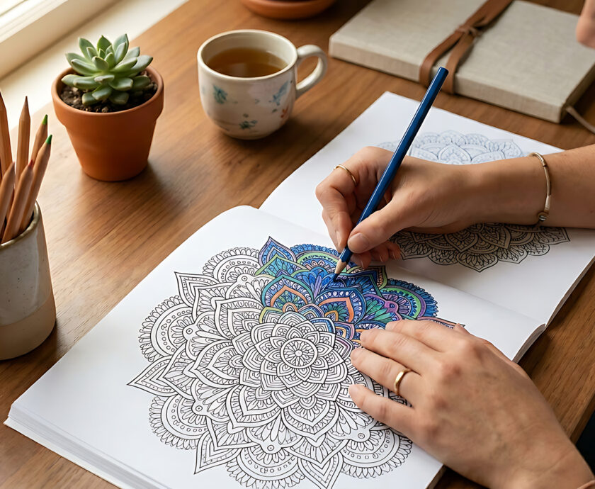 Woman coloring a mandala in an adult coloring book with colored